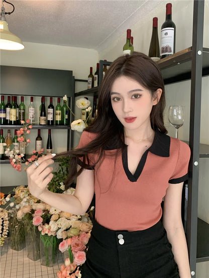 Jielur Spell Color Polo Knitting Women's Blouses Slim Sexy Short Sleeve Summer New Casual Female Blouse Chic Simple Office Lady