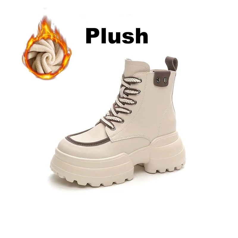 WOIZGIC Women Ladies Mother Genuine Leather Ankle Boots Shoes Lace Up Increase Inside British Style Autumn Winter Plush Fur Warm.