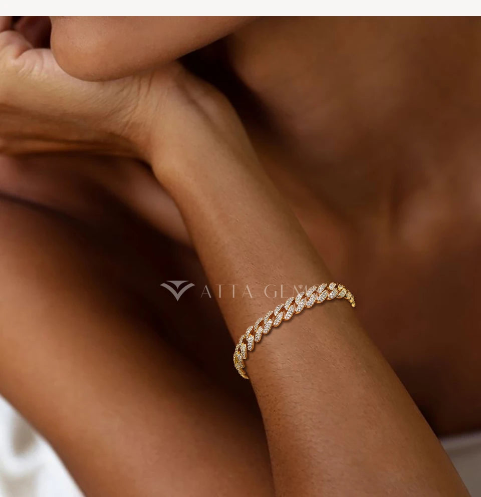 ATTAGEMS DVVS1 Full Moissanite Cuba Chain for Man Women 925 Sterling Silver 18k Gold Plated Hip Hop Tennis Bracelet Fine Jewelry.