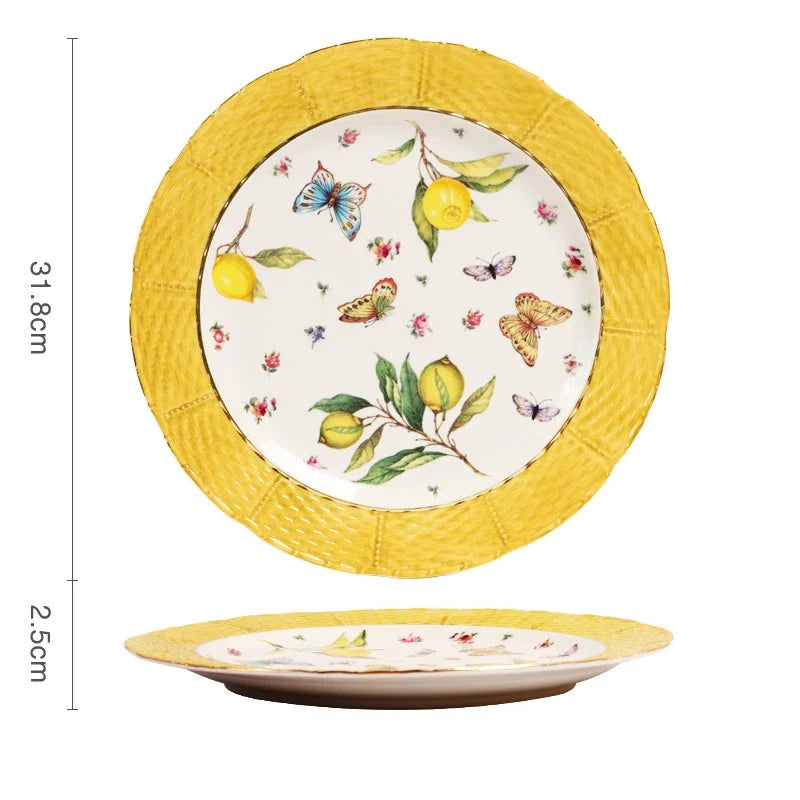 Europeanc Style Ceramic Dining Plate Elegant Lemon Pattern Dinner Steak Plate Coffee Cup Set Western Cuisine Dessert Plate