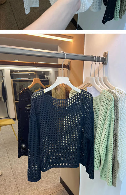 2025 Mesh Vintage Harajuku Langarm Frauen Pullover Koreanische Frühling Sommer Strickwaren Weiche Dünne Tops Chic Solide Femme Pullover.