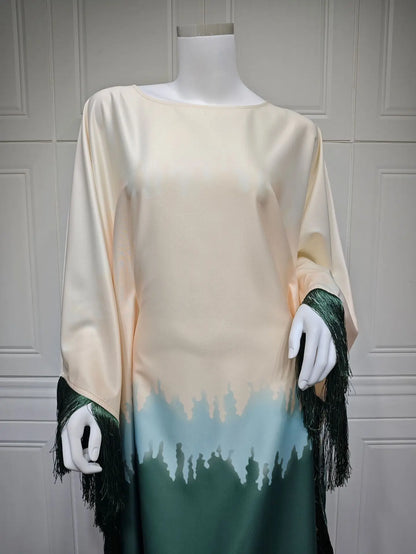 Uni Tassel Gradient Dubai Muslim Abaya For Woman O-Neck Elegant Casual Loose Moroccan Saudi Kebaya Fashion Party Dress 2025