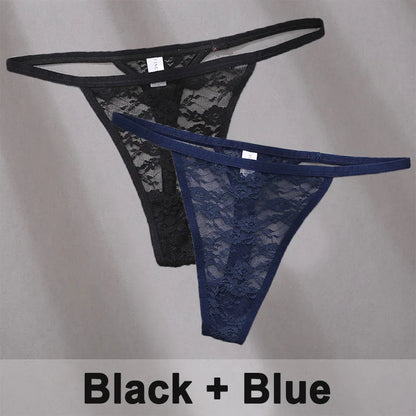 2PCS Sexy Lace Cotton Panties for Women G-String Underwear Perspective Thongs Solid Color Underpants Female Intimates Lingerie.