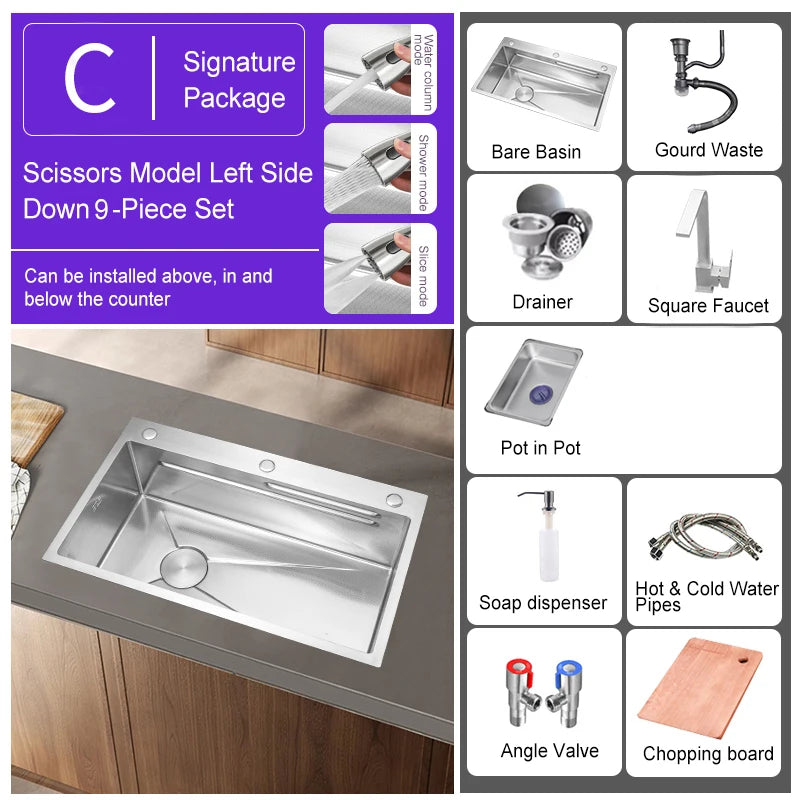 304 Stainless Steel Kitchen Sink Silver Embossed Large Single Slot Home Improvement Multifunction Wash Basin For Kitchen