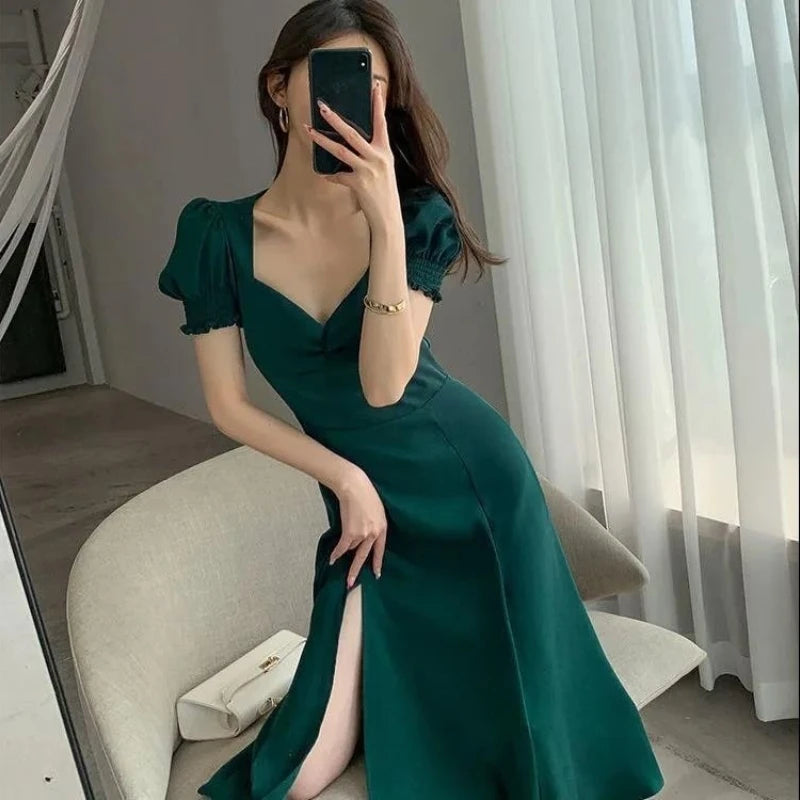 Solide Puff Kurzarm Elegante Schlitz Kleid Neue Mode Frauen V-ausschnitt Volle Kleider Damen Hohe Taille Schlank Abend Party Vestidos.
