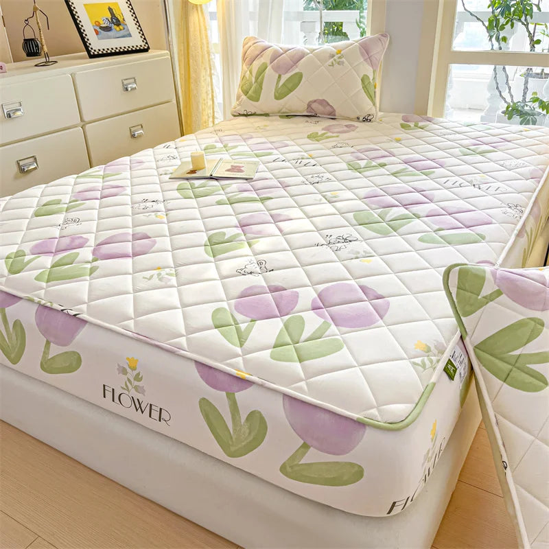 1pc Floral Style Bed Cover Quilted Bedspread Non-slip Mattress Protector Adults Kids Room Bedsheets 매트리스 커버 (No Pillowcase).