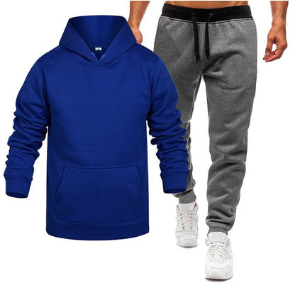 Men's Hooded Solid Color Pullover Set Two-Piece Sweater Sport Pants.