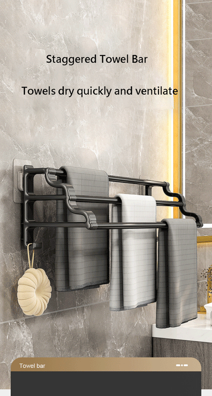 Handtuchhalter mit drei Stangen, selbstklebender, stanzfreier Handtuchhalter mit Haken, platzsparender Handtuch-Aufbewahrungsregal für Badezimmer