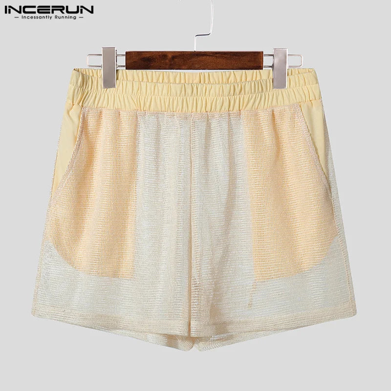 Men Short Sets Fashion Hollow Out INCERUN Two-piece Suits  Men's Sets Streetwear Short Sleeve Tops Shorts Men's Clothing Summer