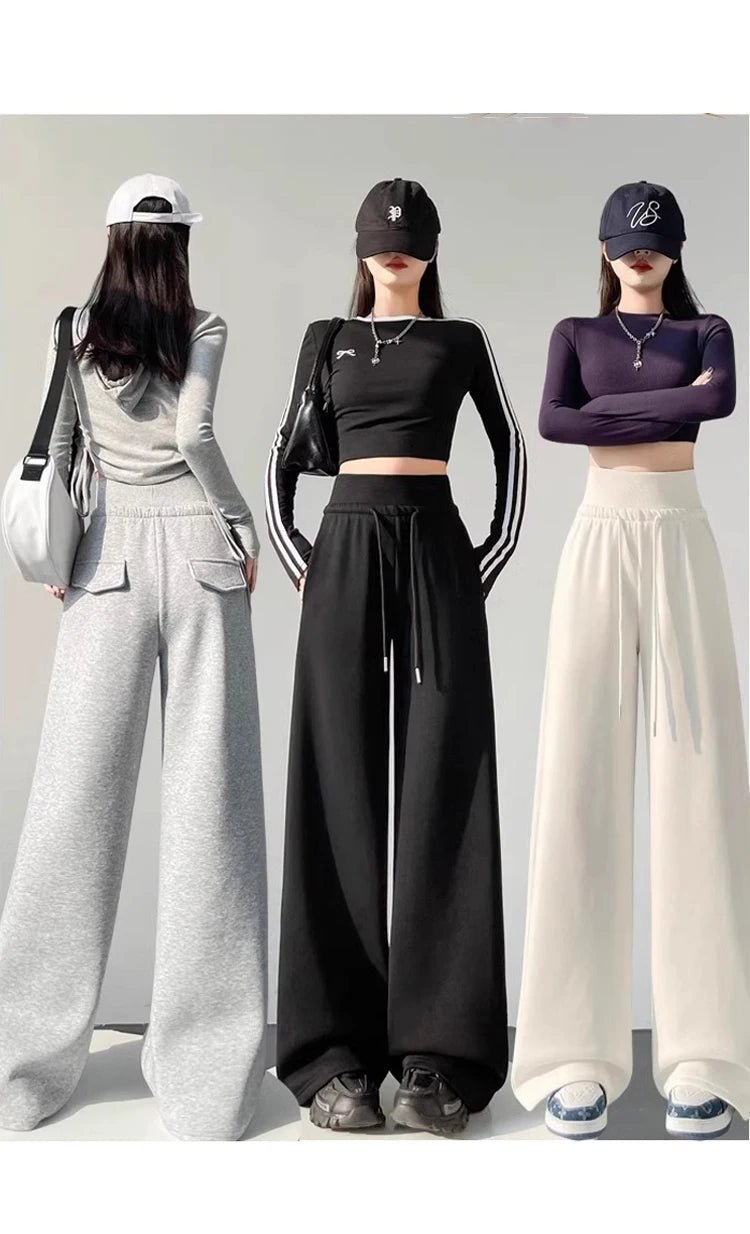 Graue Sporthose für Damen mit hoher Taille und lockerem, schlankem, geradem Bein und weitem Bein. Amerikanische Jogginghose..