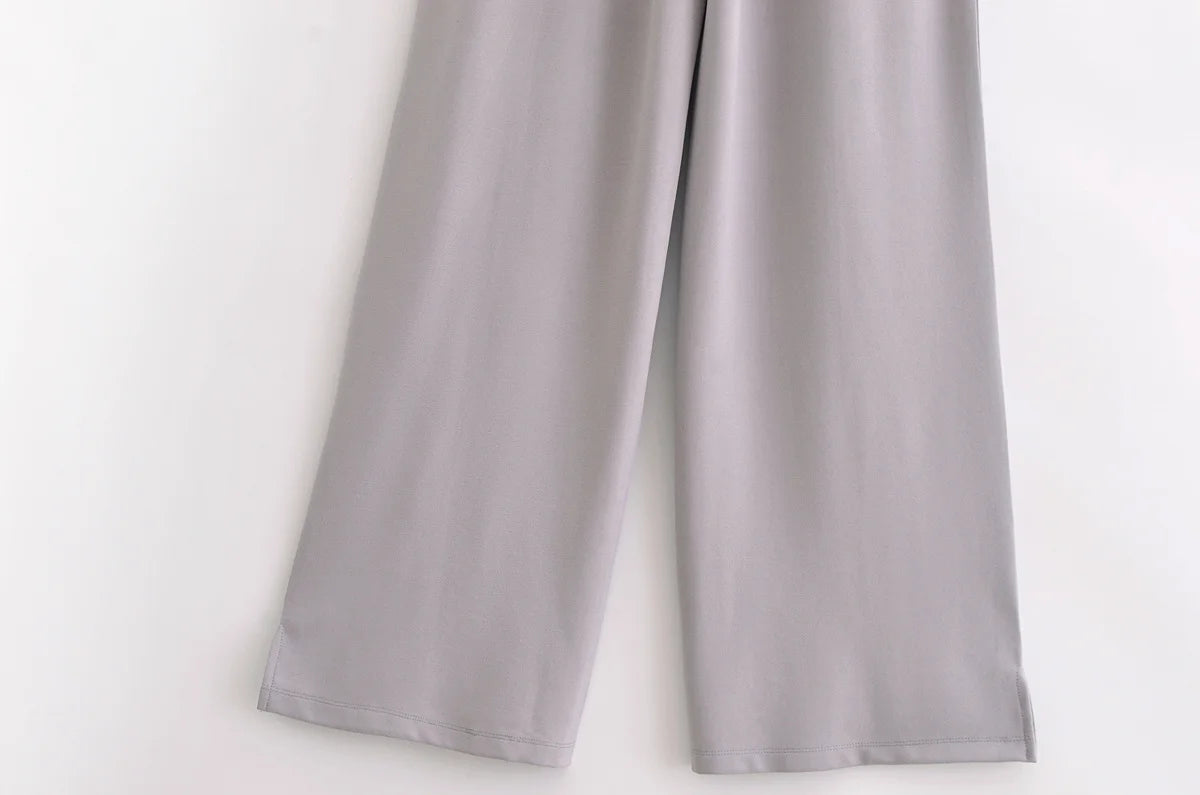 HH Women's 2-Piece Set Fashion Slimming Double-Sided Fabric Round Neck Long-Sleeve Top+Elegant Stretch Casual Wide Leg Pants