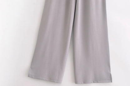 HH Women's 2-Piece Set Fashion Slimming Double-Sided Fabric Round Neck Long-Sleeve Top+Elegant Stretch Casual Wide Leg Pants