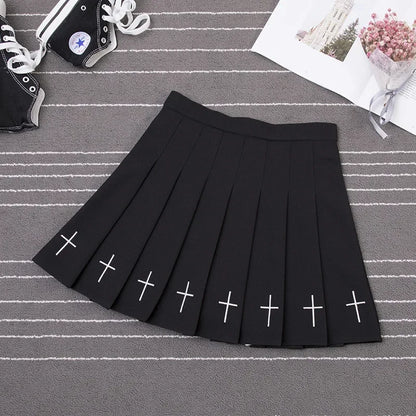 Women Harajuku Sweet Fresh Feeling High Waist Pleated Skirt Elastic Waist Cross Embroidery Skirt Pleated Skirt.