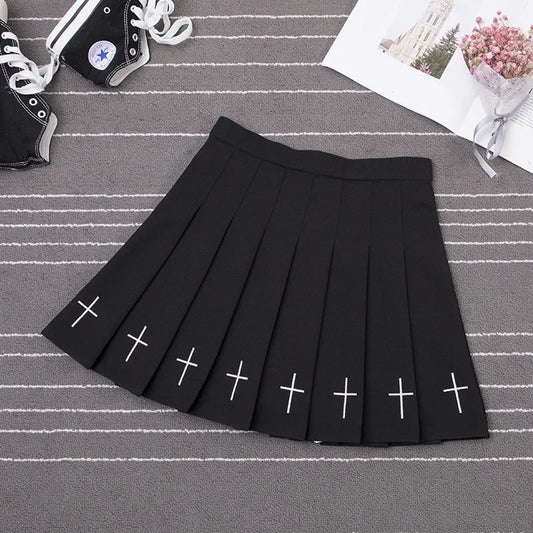 Women Harajuku Sweet Fresh Feeling High Waist Pleated Skirt Elastic Waist Cross Embroidery Skirt Pleated Skirt.