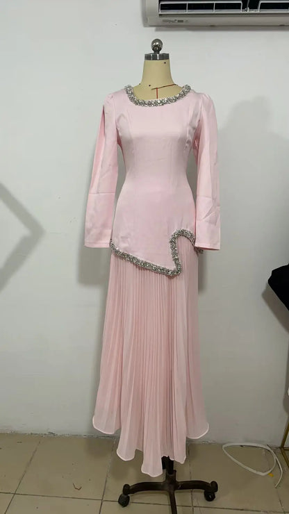 Eid Women Dress Muslim Abaya Pleated Shirt Skirt 2 Piece Set Diamond Party Ramadan Long Dresses Vestidos Largos Arab Long Robe.