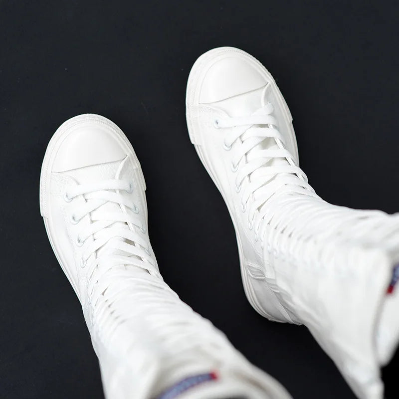 Women Shoe Canvas Casual High Top Shoes Long Boot Lace-Up Zipper Comfortable Flat Boot Sneakers Tenis Feminino Spring Autumn.