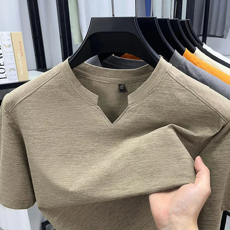 Korean Men's Casual and Fashionable Small V-neck Solid Color Short Sleeved T-shirt Comfortable Summer Versatile Top.