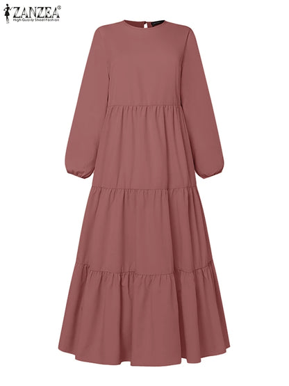 ZANZEA Muslim Fashion Tiered Long Dresses Women Islamic Hijab Style Casual Long Sleeve O Neck Maxi Vestidos Solid Abaya Robes.
