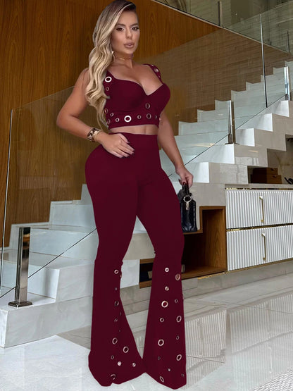 Kricesseen Gorgeous Metal Eyelet Wide Legs Pants Set 2 Piece Outfits Stylish Bustier Top And Holes Trousers Suits Set Clubwear.