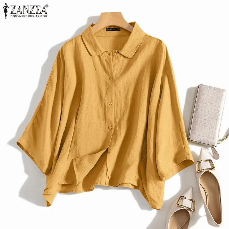 ZANZEA Summer Fashion Lapel Neck Shirt Women Elegant 3/4 Sleeve Blouse Work Buttons Down Tops Tunic Female Casual Loose Blusas.