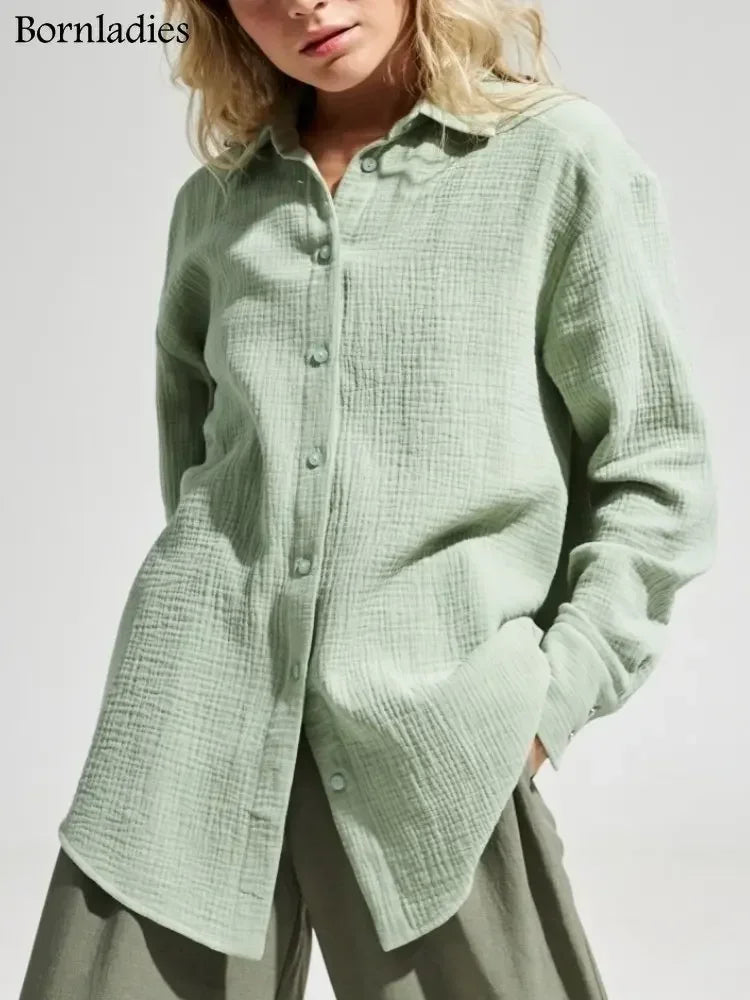 Bornladies 2025 Women's Spring Summer 100% Cotton Shirts Office Lady  Fashionable Solid Lady Long Sleeve Loose Tops Crepe Shirts