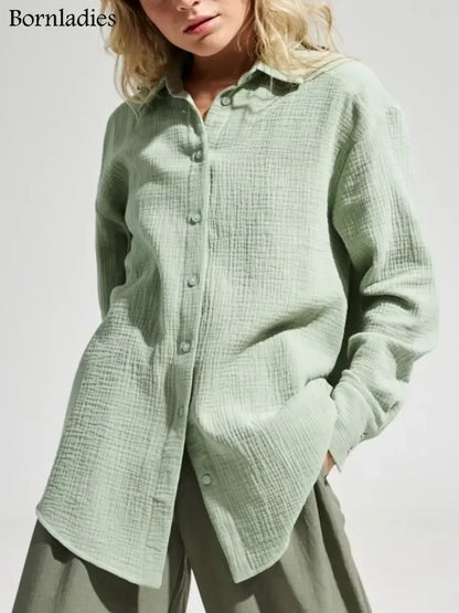 Bornladies 2025 Women's Spring Summer 100% Cotton Shirts Office Lady  Fashionable Solid Lady Long Sleeve Loose Tops Crepe Shirts