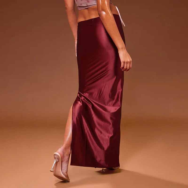 2025 Autumn Stain Long Solid Color Skirt Women Elegant High Waist Side Split Maxi Skirts Party Sexy Clothes for Female