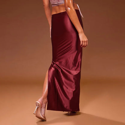 2025 Autumn Stain Long Solid Color Skirt Women Elegant High Waist Side Split Maxi Skirts Party Sexy Clothes for Female