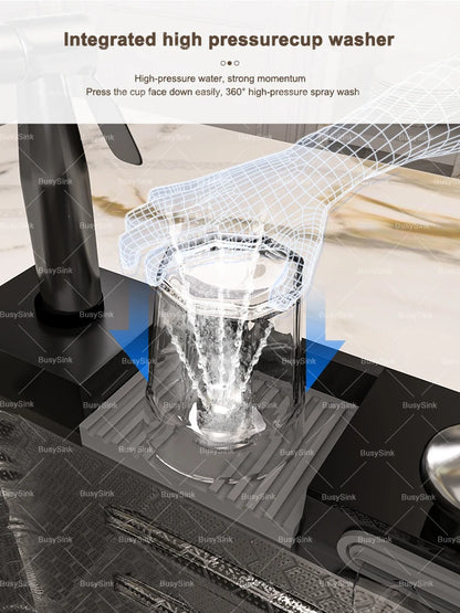 Küchenspüle aus Edelstahl mit Wasserfall, extra große Einzelschüssel, Digitalanzeige, multifunktionale Geschirrspülbecken