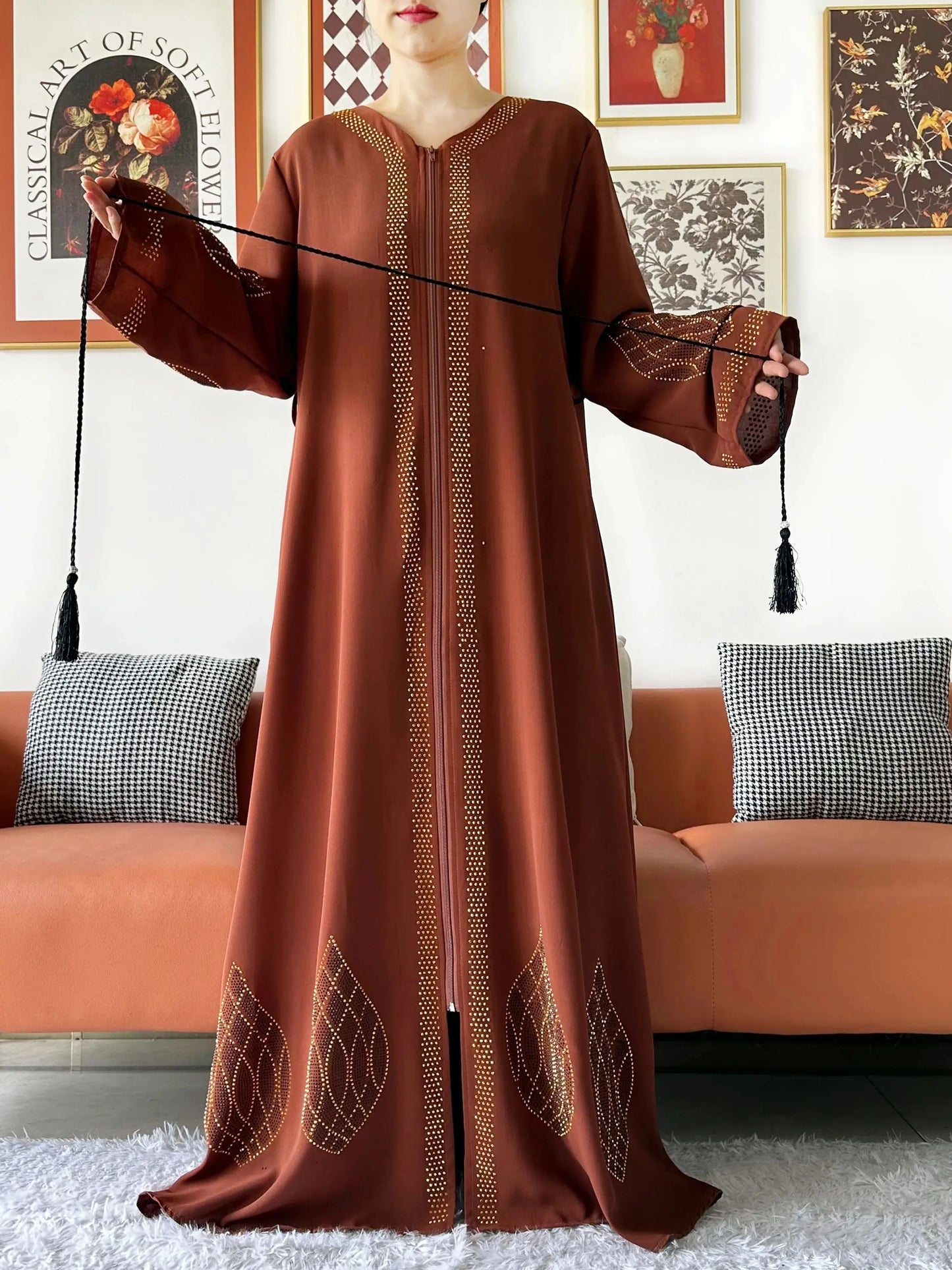 Elegant Women's Party Dress Chiffon Loose Open Zipper Abaya Muslim Islamic Clothing Cardigan Style for Special Occasions