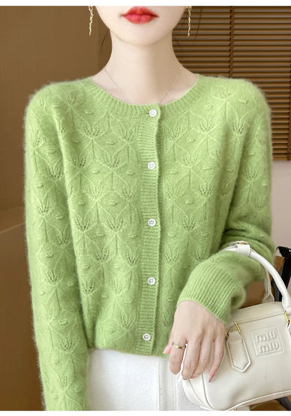 2024 Autumn And Winter New Round Neck Hollowed Out 100 Wool Knitted Cardigan Women's Versatile Coat Loose Casual Sweater DMR281