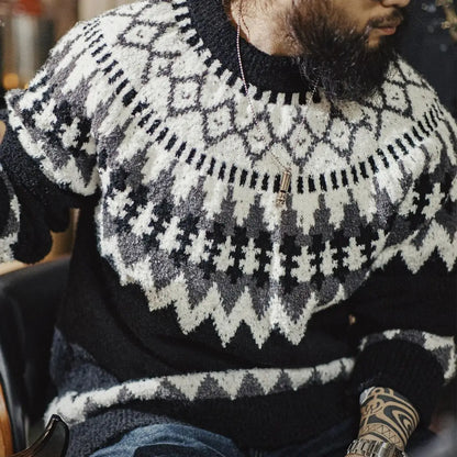 Maden Vintage Heavyweight Fair Isle Icelandic Sweater Round Neck Jacquard Bottom Knitwear Thickened Warm Pullovers for Christmas.