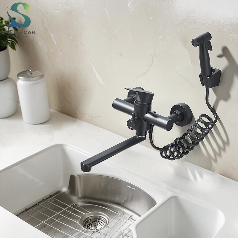 Kitchen Faucets Stainless Steel Wall Mounted Multifunctional Bathroom Basin Faucet Hot Cold  Water Mixer Taps With Spray Gun