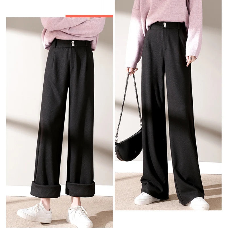 2024 Autumn Winter Women Concise Woolen Pants Lady Wide Leg Designer Outside Trousers Female Thicken High Waisted Draping Pants.