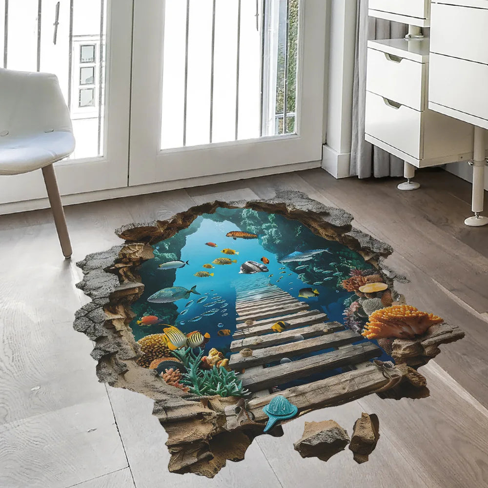 Sea View Mural Seabed Fish Shark 3D PVC Broken Wall Art Stickers Home Decoration for Room Ceiling Poster Floor Wallpaper.