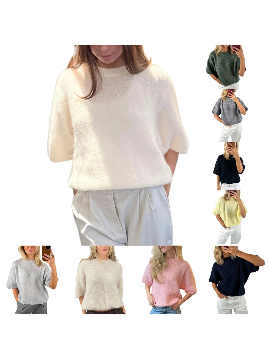 Damen Frühling Herbst Strickpullover Halbarm O Hals Einfarbig Lässige Strickwaren.