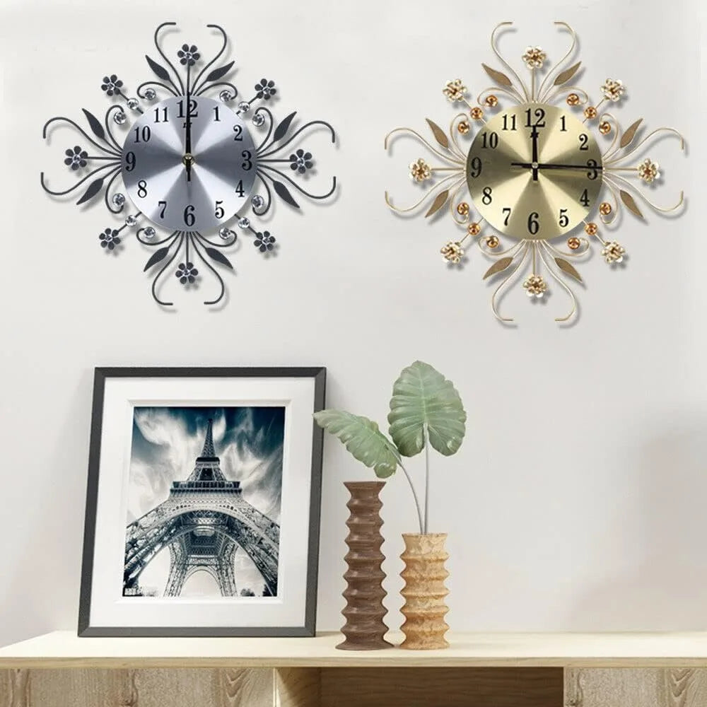 3D-Digital-Wanduhr, Quarz, moderne Blume, Diamant-Dekoration, analoge Uhr, Metalluhr für Wohnzimmer, Schlafzimmer, Gold