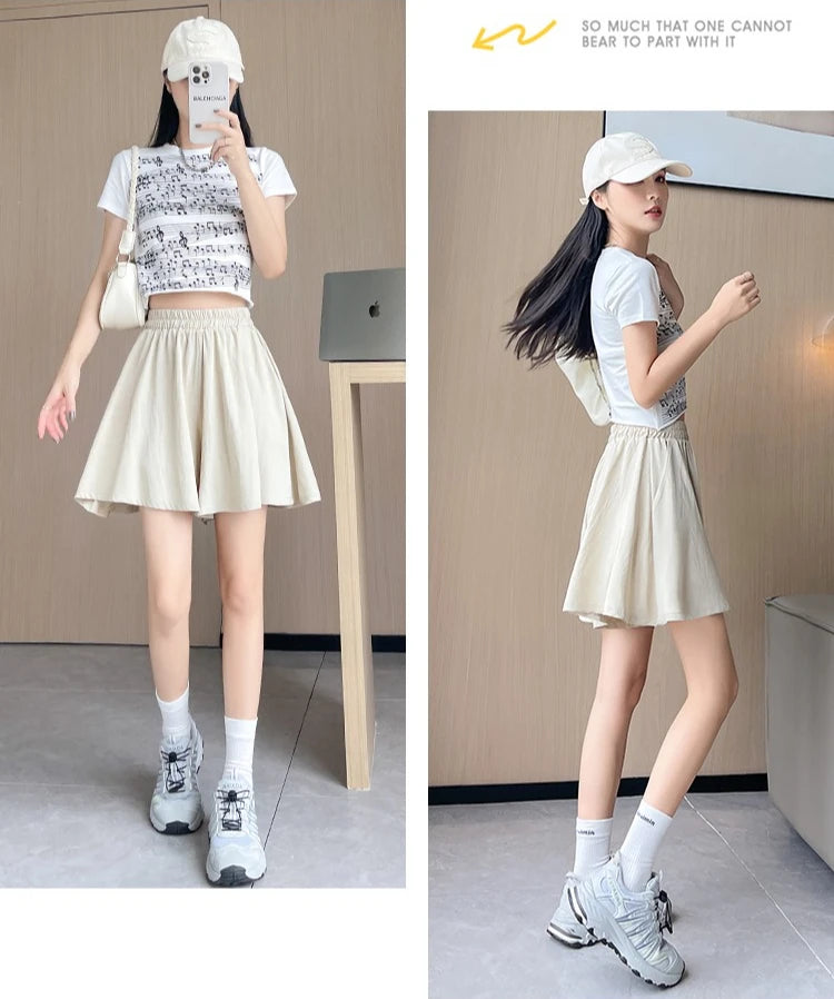 Women Quick Dry Sporty Short Pants Summer Thin Pleated Shorts Skirts High Waist A- Line Five Quarter Pants Cool Wide Leg Pants