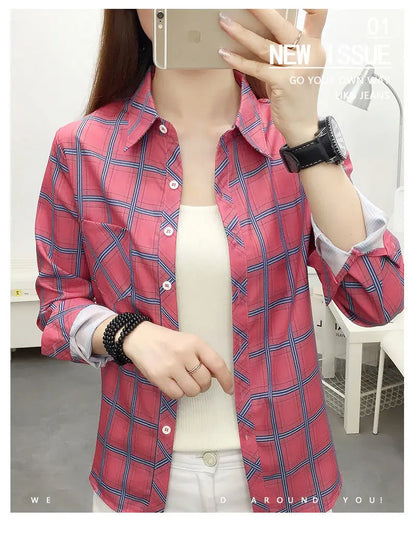 2024Spring and Autumn New College Style Women's Long sleeved Bottom Top Cardigan Long sleeved Fashion Plaid Shirt.