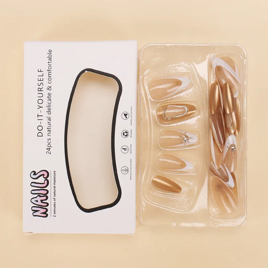 24pcs French White Press on Nails Gold plating Design Fashion False Nails Women Wearable European Spice Girls Fake Nail Tips.