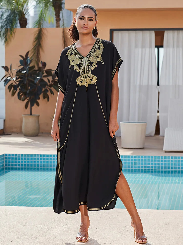 2025 Indie Folk Schnürung V-Ausschnitt Fledermausärmel Sommer Strandkleid Tunika Damen Beachwear Kaftan Maxikleid Robe Sarong Q775