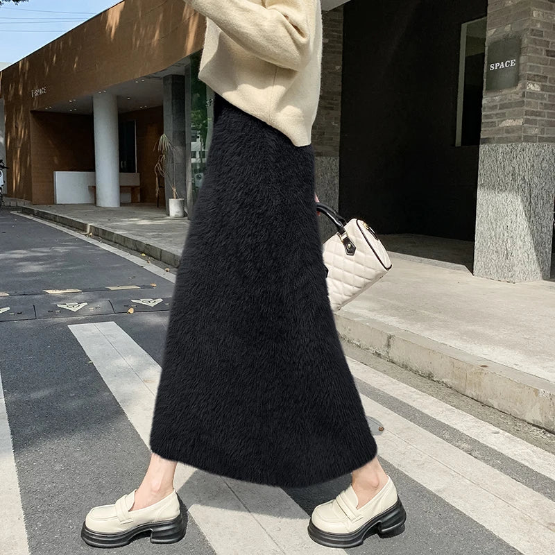 Autumn Winter New Knit Long Skirt Women Casual Thick Korean High Waist Soft A-Line Skirt