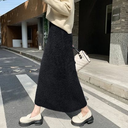 Autumn Winter New Knit Long Skirt Women Casual Thick Korean High Waist Soft A-Line Skirt