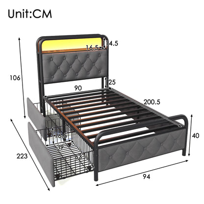 KOMHTOM Einzelbett 90x200 cm Samt - USB Type C Ladefunktion, APP-Control LED, 2 Schubladen, ohne Matratze