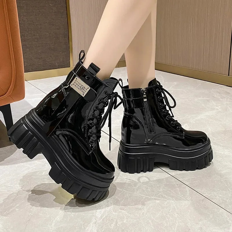 Women's High Platform Motorcycles Boots Winter 10CM Wedge Heels Warm Ankle Boots Chunky Sneakers New Autumn Leather Shoes Woman.