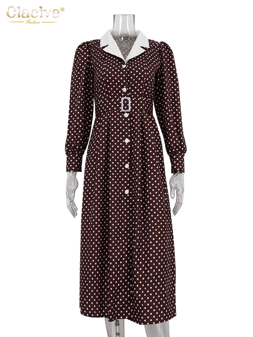 Clacive Mode Lose Druck Frauen Kleid 2025, Casual Revers Langarm Büro Dame Midi Kleider Elegante Klassische Gürtel Weibliche Kleid.