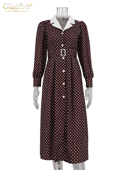 Clacive Mode Lose Druck Frauen Kleid 2025, Casual Revers Langarm Büro Dame Midi Kleider Elegante Klassische Gürtel Weibliche Kleid.