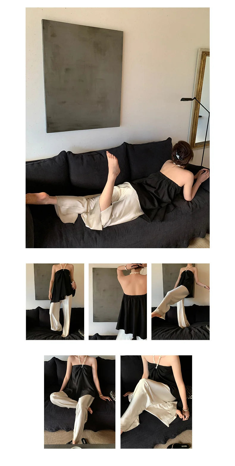 Satin Wide Leg Pants Long Floor Casual Pants Women's Summer