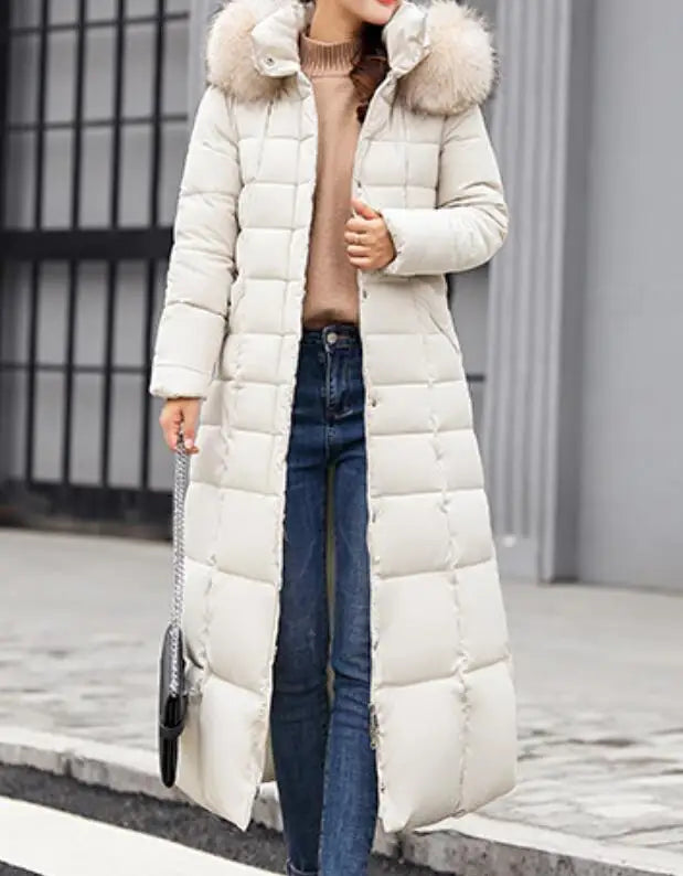 Neue Wintermode Langarm Pelzkragen Reißverschluss Einfarbig Slim Fit Lange Version Dicke Daunenjacke Mit Kapuze Für Frauen, 6 Farben.