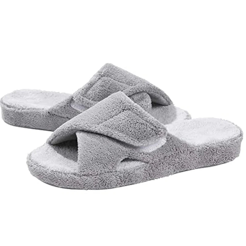 Comwarm Fuzzy House Slippers For Women New Terry Cloth Arch Support Cotton Slippers Four Seasons Open Toe Indoor Flat Slippers.